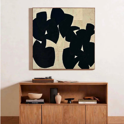 Contemporary Minimalist Abstract Oil Painting with Bold Black Shapes