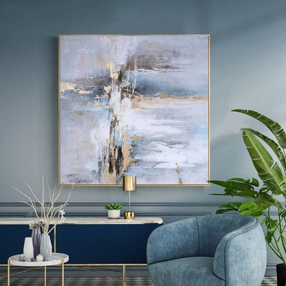 Abstract Coastal Serenity Oil Painting in Soft Blues and Golds for Modern Decor