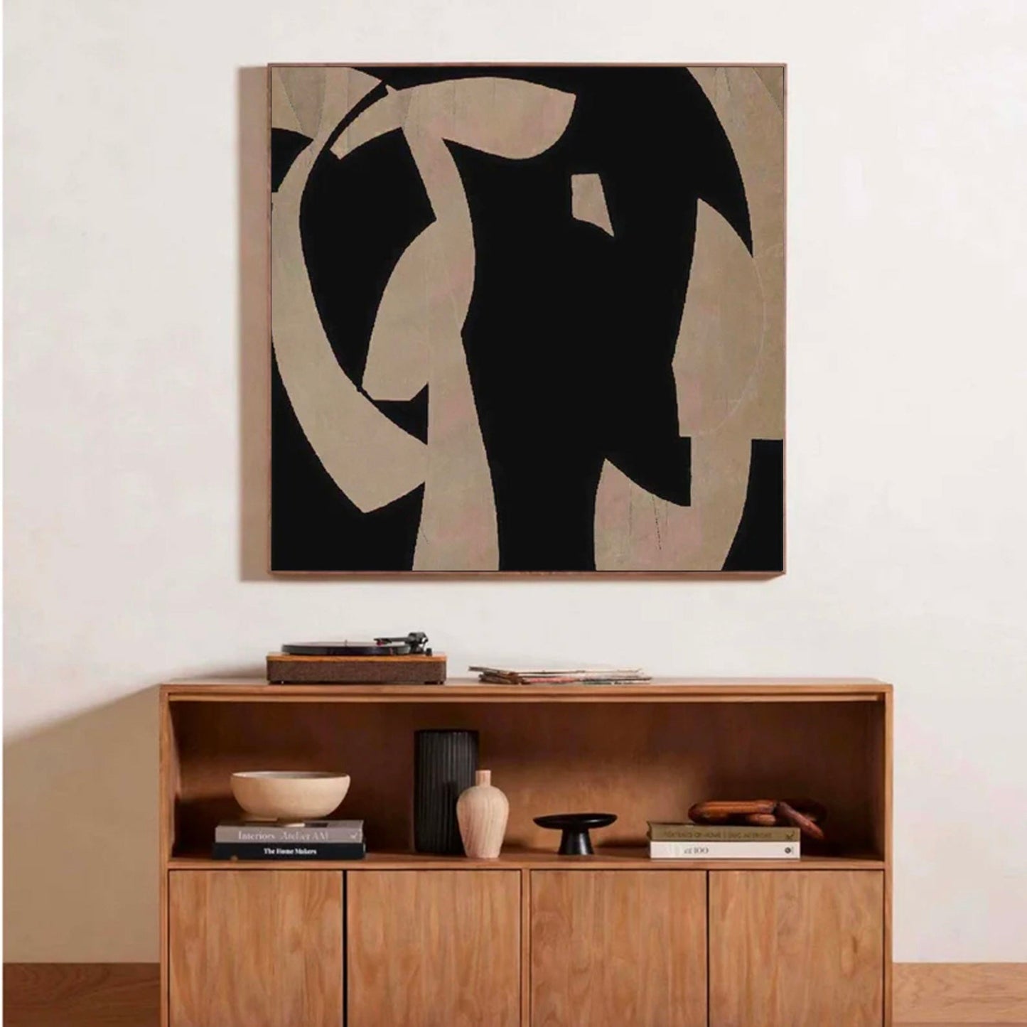 Sleek Black and Beige Minimalist Abstract Oil Painting for Modern Home Decor