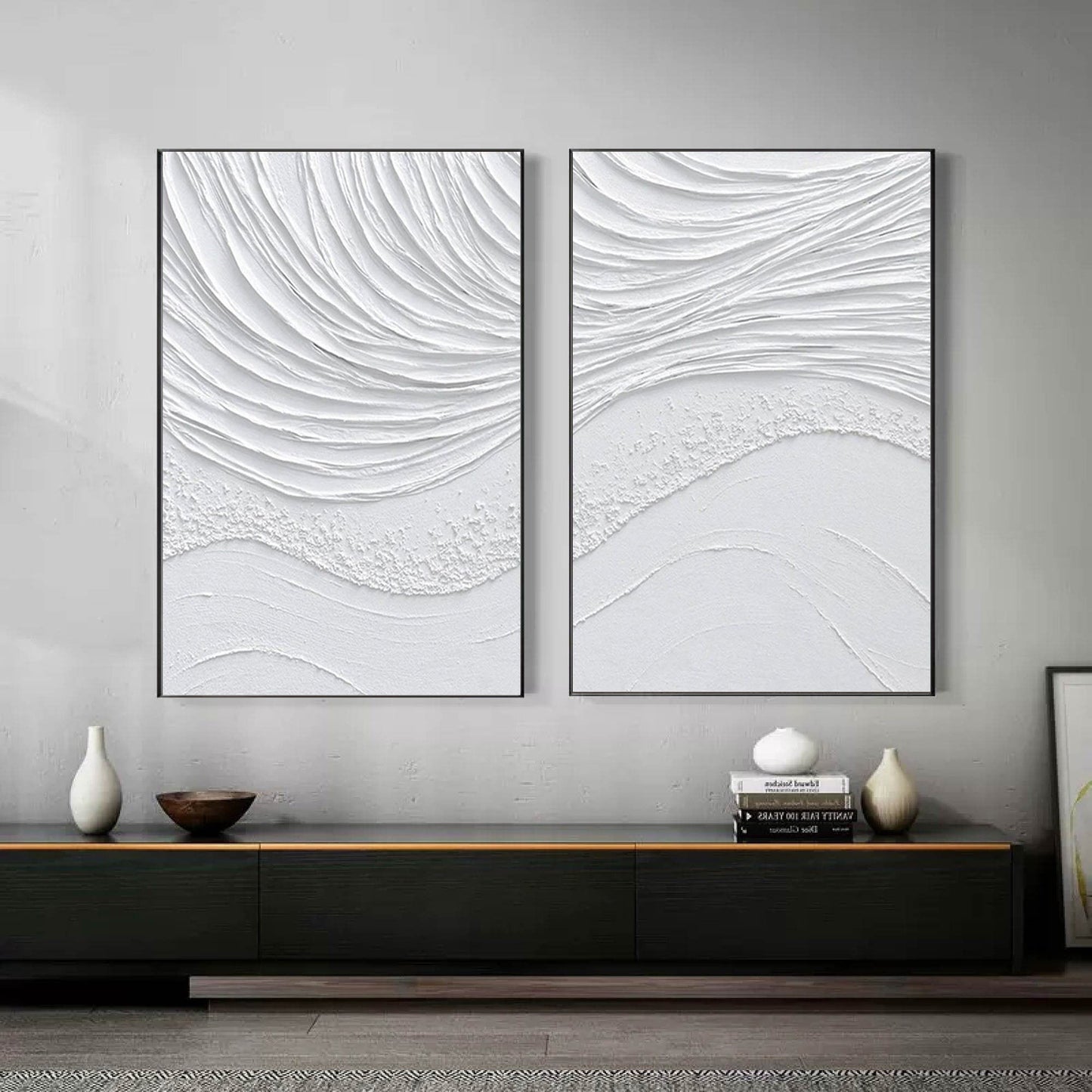 Serene Abstract White Textured Wall Art - Set of Two Oil Paintings for Modern Decor