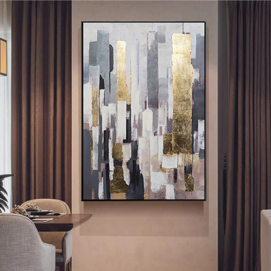 Abstract Urban Elegance with Gold Accents - Modern Oil Painting for Contemporary Decor