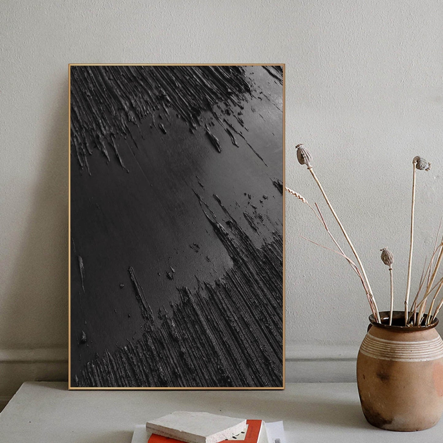 Textured Black Abstract Oil Painting for Modern Monochrome Home Decor