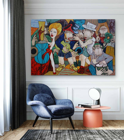 Colorful Pop Art Oil Painting of Musicians and Monkeys in Vibrant Abstract Style