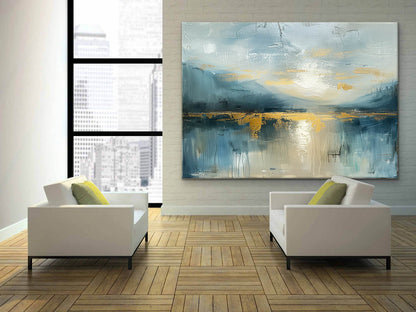 Serene Blue Landscape Oil Painting with Glimmering Gold Accents for Modern Decor