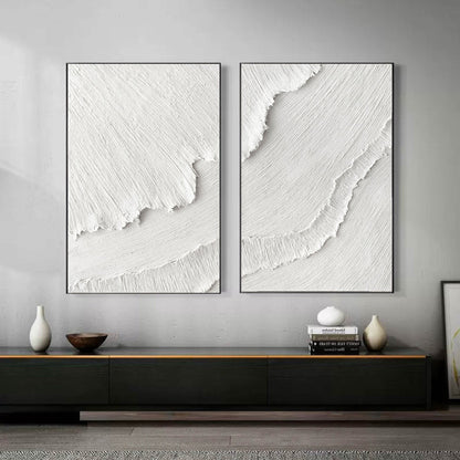 Minimalist White Textured Abstract Oil Paintings for Modern Home Decor Set of Two