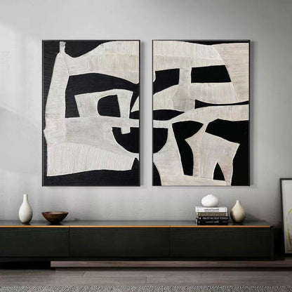 Black and White Abstract Oil Painting Duo – Textured Modern Canvas Art for Contemporary Decor