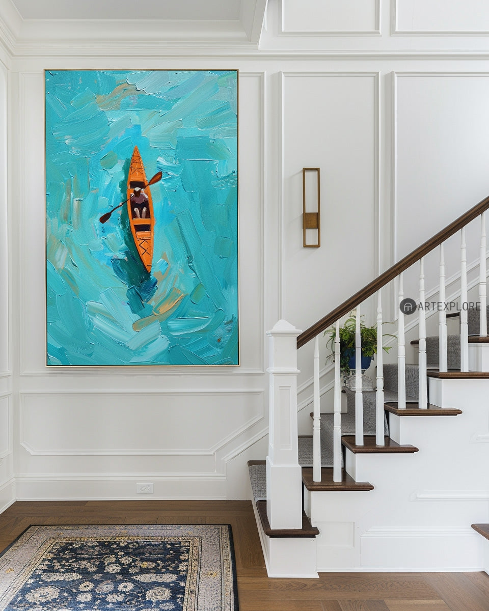 Vibrant Blue Ocean Kayaking Oil Painting for Nautical Home Decor