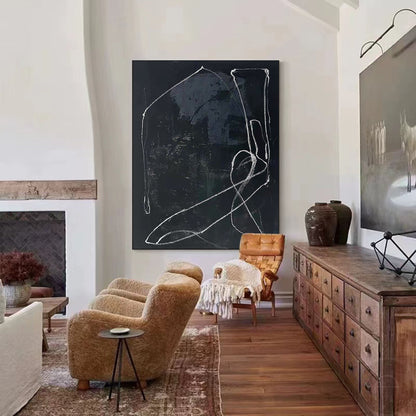 Chic Black Abstract Oil Painting with Elegant White Lines for Modern Decor