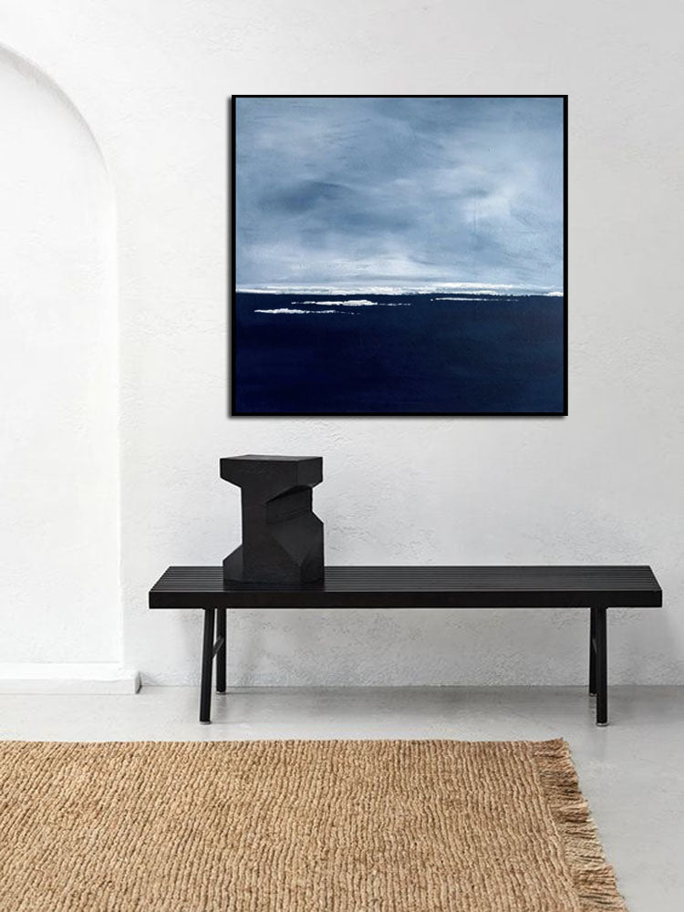 Serene Coastal Horizon: Abstract Blue Oil Painting for Modern Decor