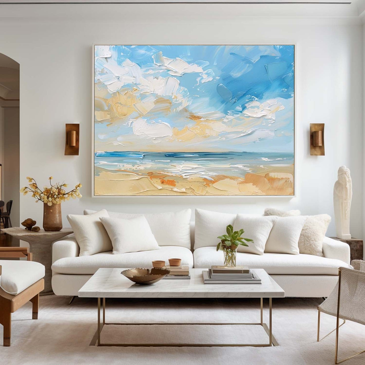 Vibrant Coastal Beach Scene Oil Painting with Lush Skies and Serene Waters