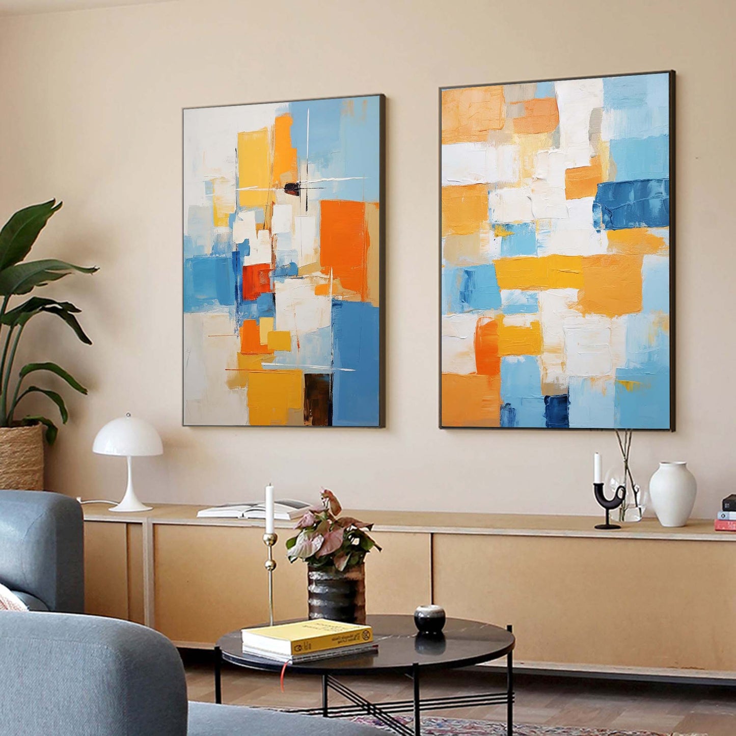 Vibrant Abstract Oil Painting with Blue and Orange Geometric Shapes for Modern Decor