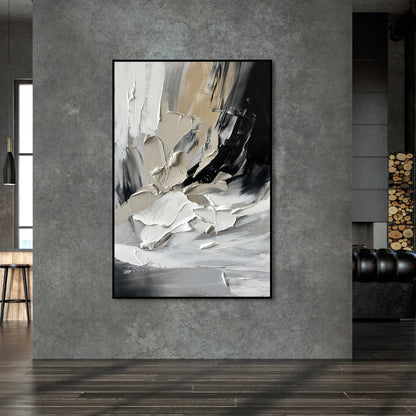 Modern Abstract Oil Painting in Striking Black and White Tones