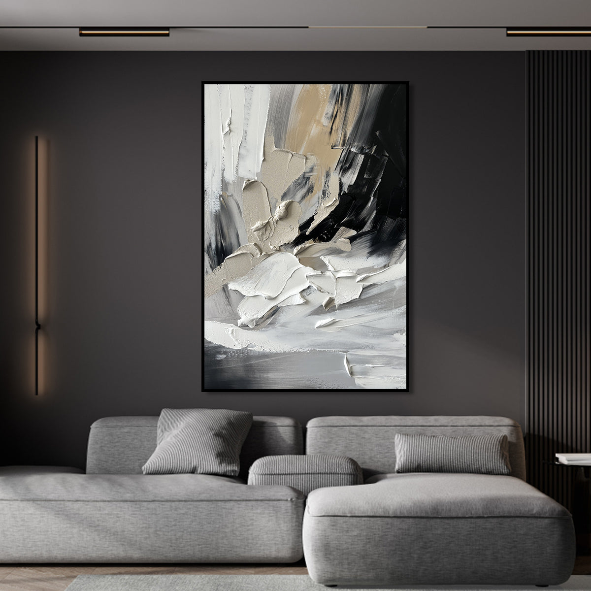 Modern Abstract Oil Painting in Striking Black and White Tones