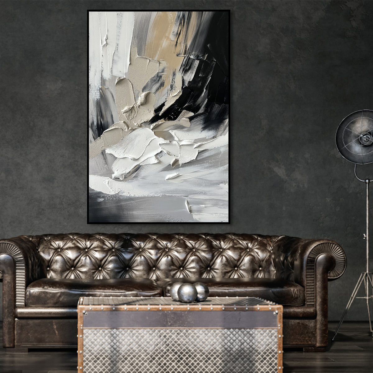 Modern Abstract Oil Painting in Striking Black and White Tones