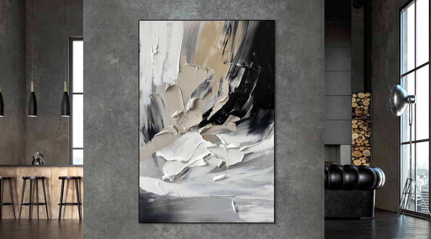 Modern Abstract Oil Painting in Striking Black and White Tones