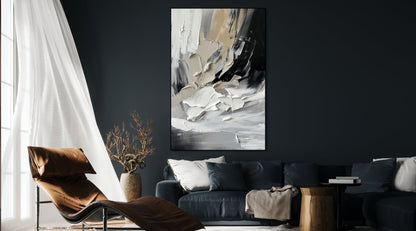 Modern Abstract Oil Painting in Striking Black and White Tones