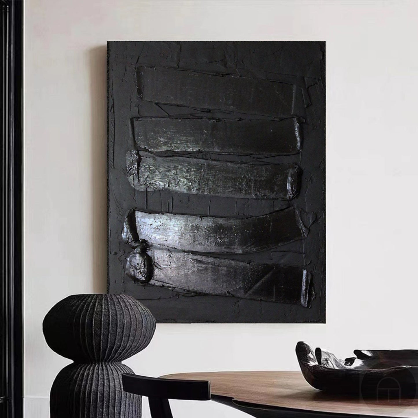 Sleek Black Minimalist Oil Painting for Modern Home Decor and Art Enthusiasts