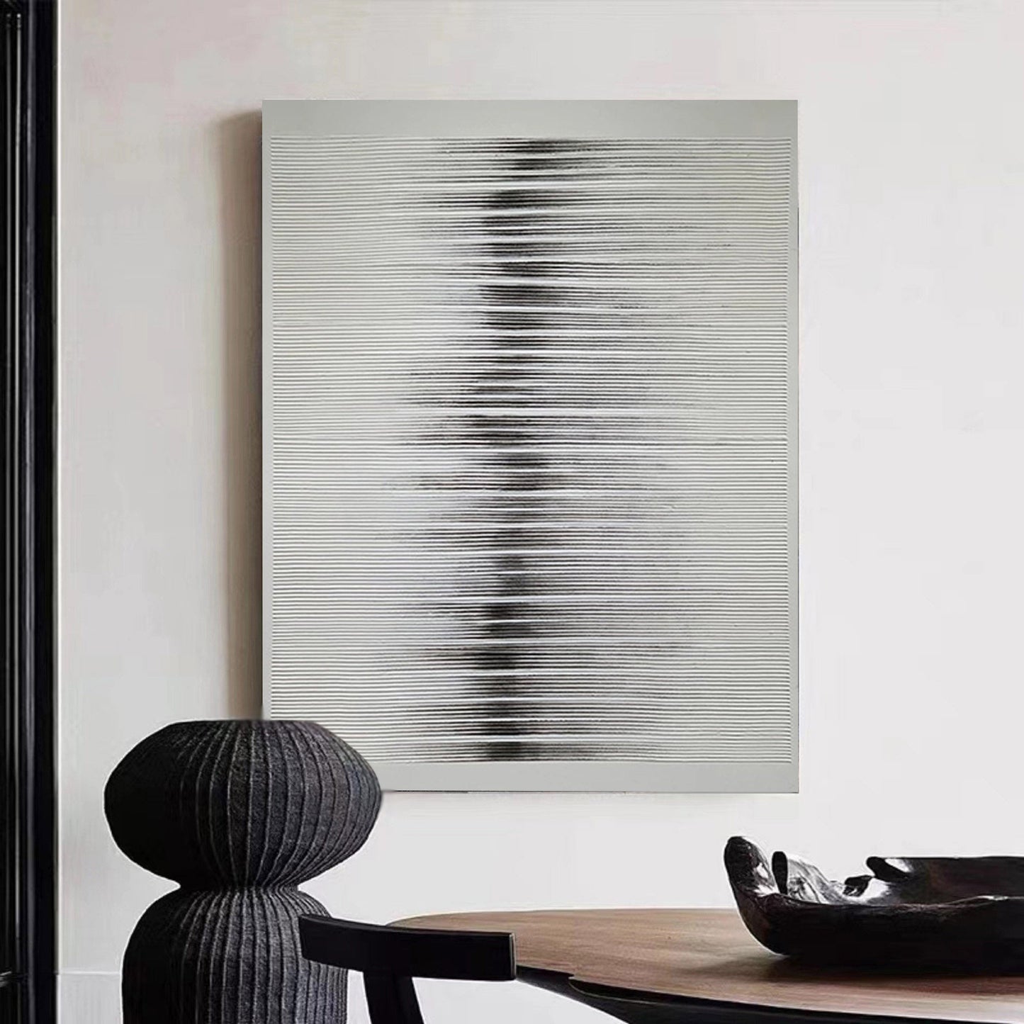 Sleek Minimalist Black and White Abstract Oil Painting for Modern Home Decor