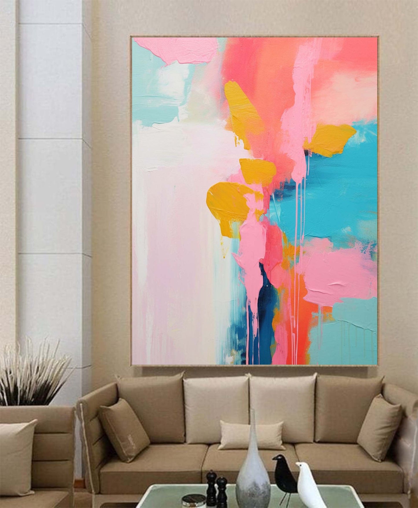 Vibrant Abstract Oil Painting in Pink, Blue, and Yellow for Modern Home Decor