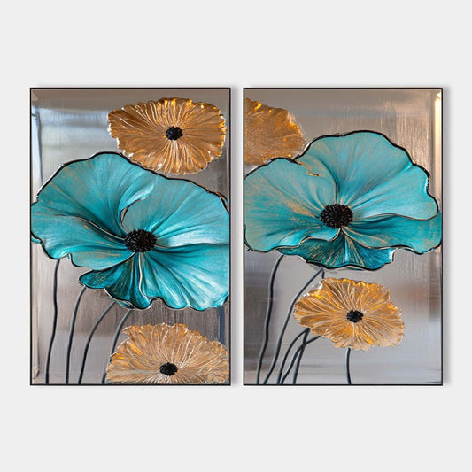 Elegant Blue and Gold Floral Abstract Oil Paintings for Modern Decor