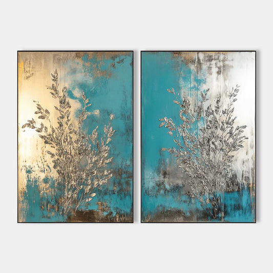 Elegant Abstract Duo with Floral Design in Gold and Teal Tones for Modern Décor