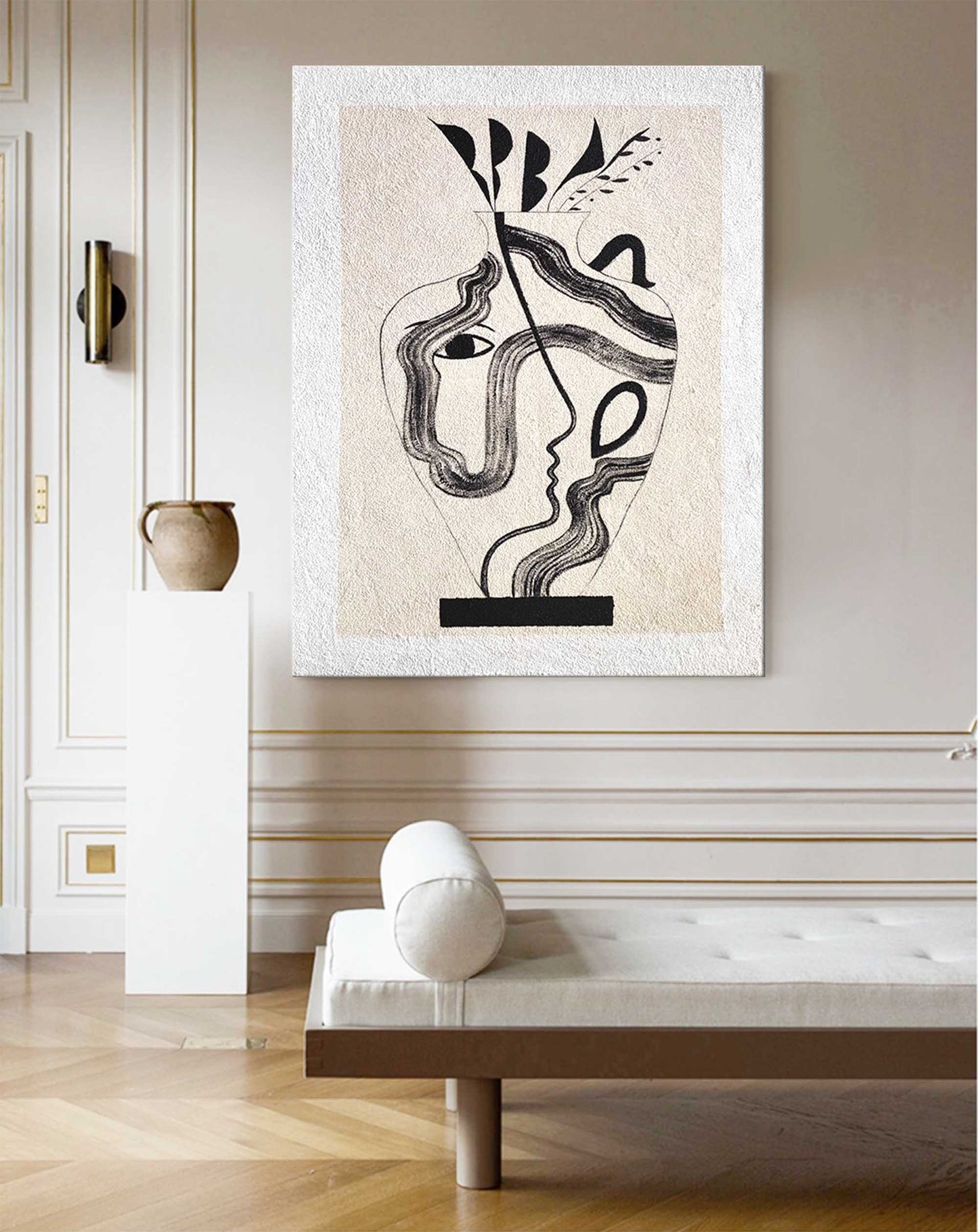 Abstract Minimalist Oil Painting of Faces and Vases for Modern Home Decor