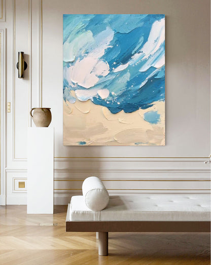 Serene Beach and Ocean Abstract Oil Painting for Coastal Home Decor