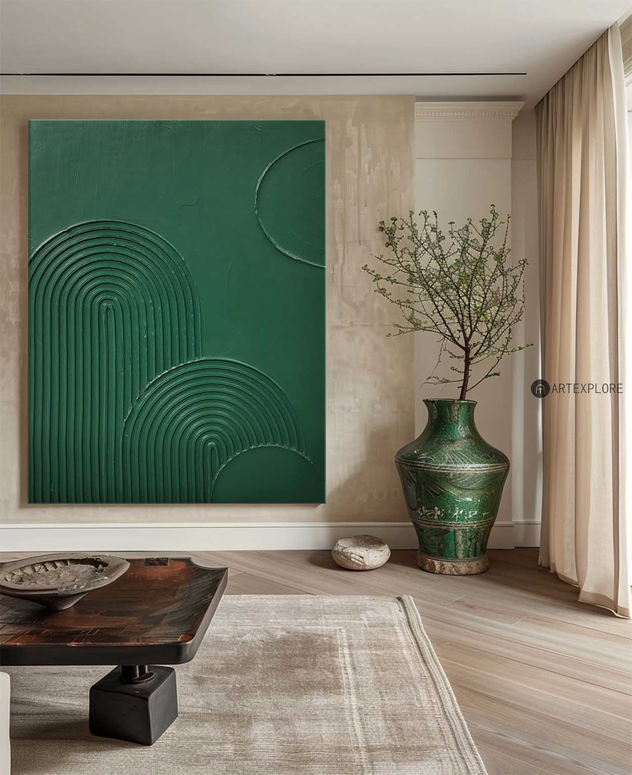 Textured Green Minimalist Abstract Oil Painting for Modern Home Décor