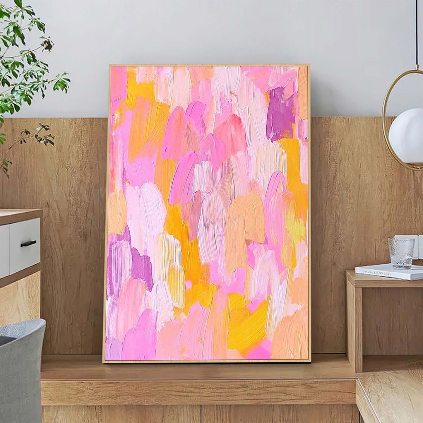 Vibrant Abstract Oil Painting in Pink and Yellow for Colorful Home Decor