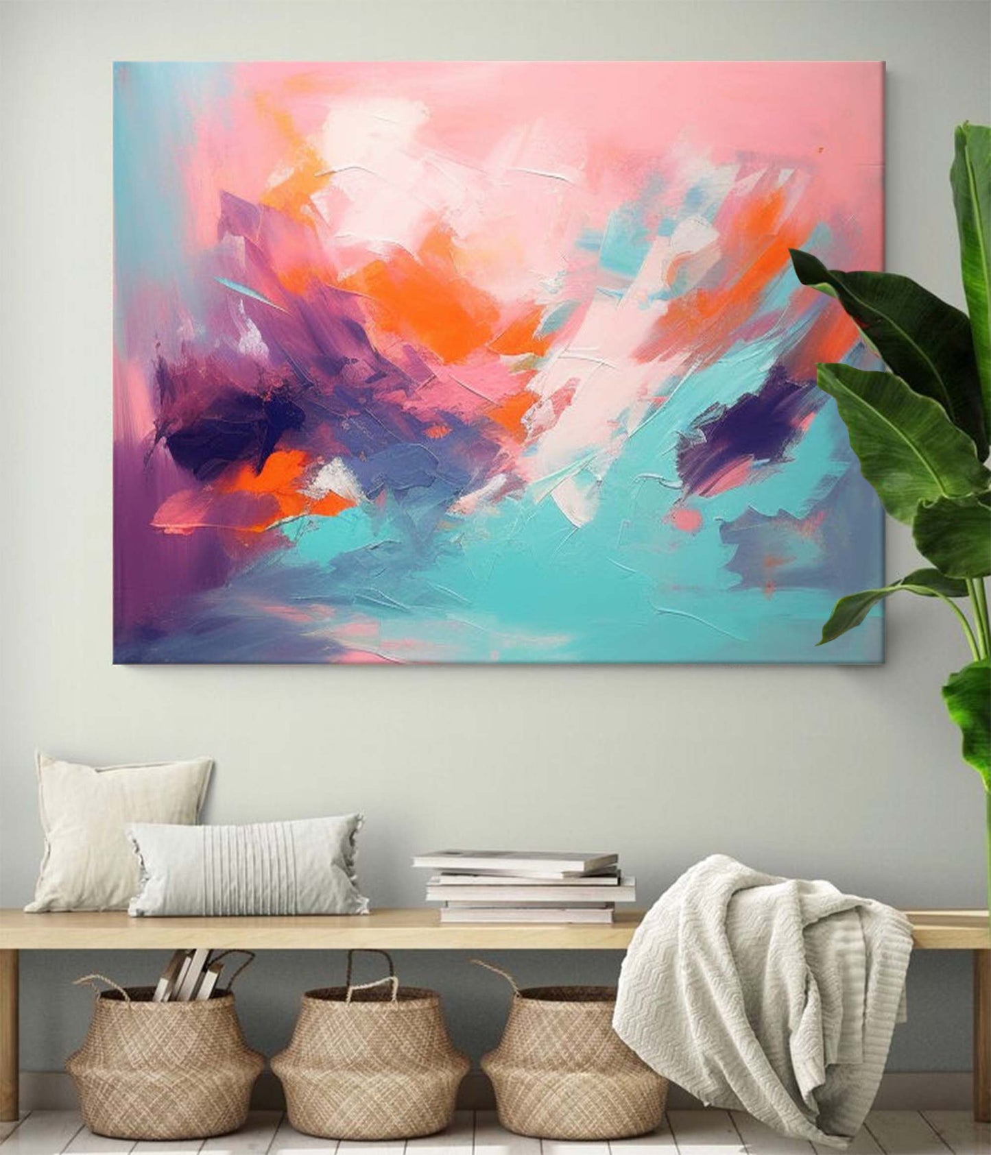 Vibrant Abstract Oil Painting in Pink and Teal for Modern Home Decor