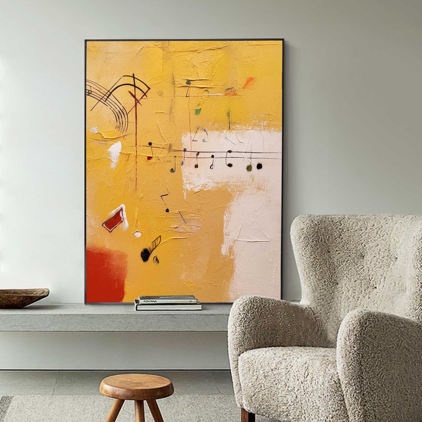 Vibrant Abstract Oil Painting with Musical Notes and Colorful Textures