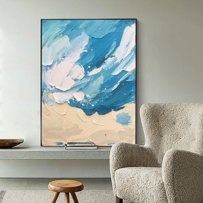 Serene Beach and Ocean Abstract Oil Painting for Coastal Home Decor