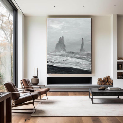 Monochromatic Coastal Landscape Oil Painting with Dramatic Waves and Rocks