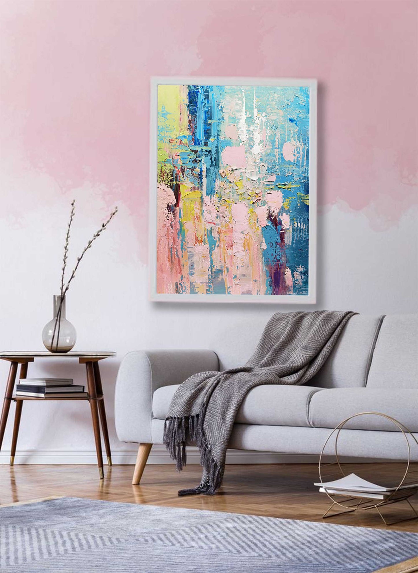 Vibrant Abstract Oil Painting with Blue and Pink Tones for Modern Home Decor