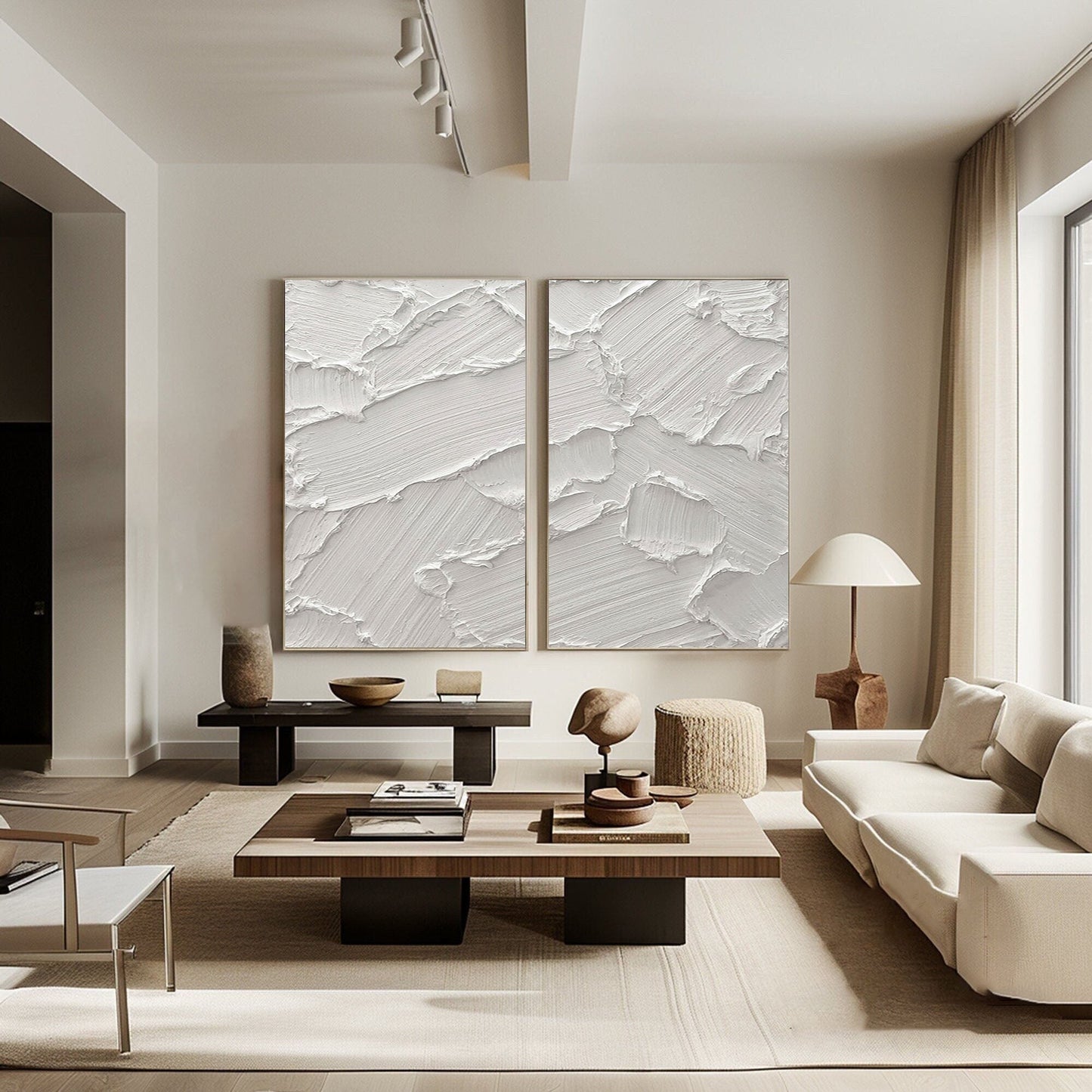 Textured White Abstract Oil Painting Duo for Modern Home Decor