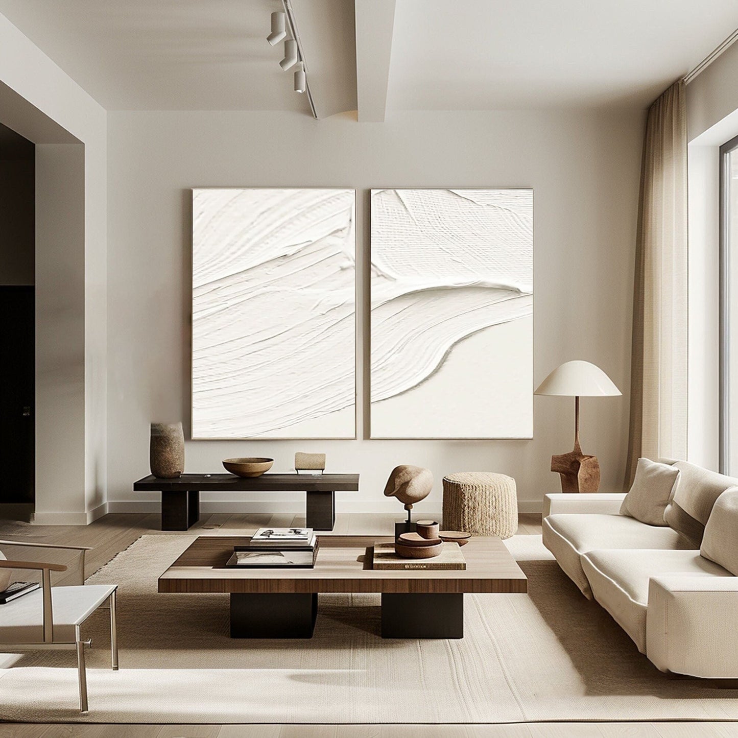 Elegant White Minimalist Abstract Oil Painting Duo for Modern Home Decor
