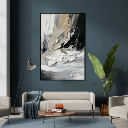 Modern Abstract Oil Painting in Striking Black and White Tones