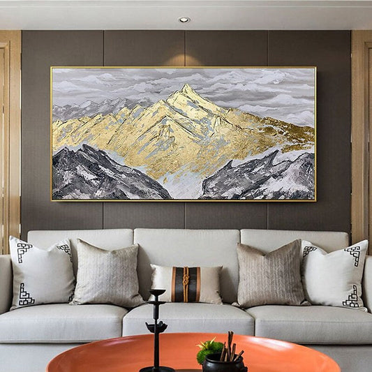 Majestic Mountain Landscape with Golden Peaks and Dramatic Skies Oil Painting