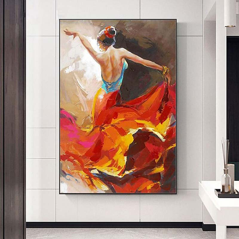 Vibrant Flamenco Dancer Oil Painting in Bold Colors for Dynamic Home Decor