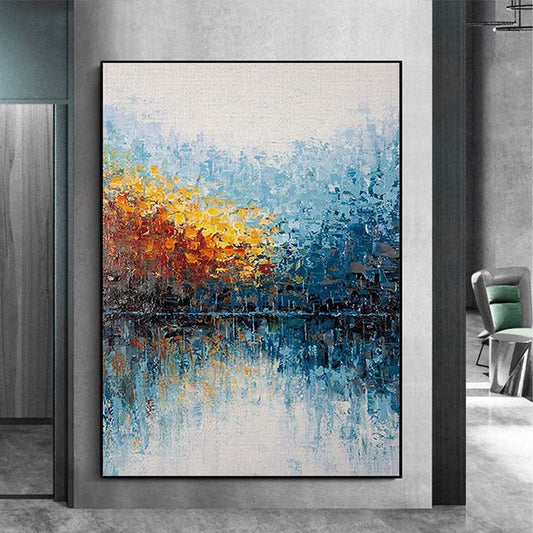 Vibrant Landscape Oil Painting of Autumn Reflections in Water