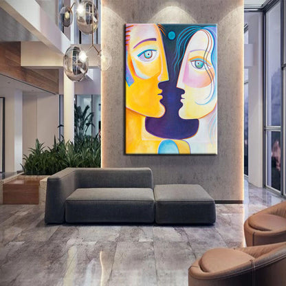 Embracing Humanity: Colorful Oil Painting of Two Faces Intertwined