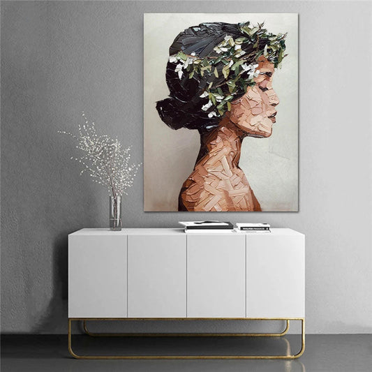 Elegant Profile of a Woman in Oil Paint with Floral Accents