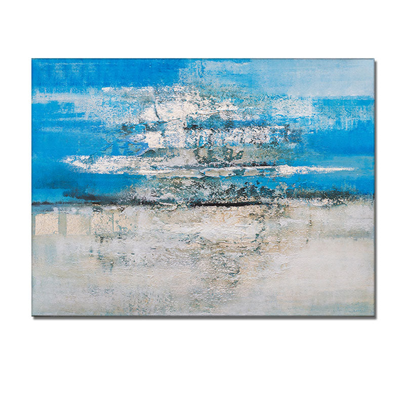 Serene Coastal Abstract Oil Painting in Blue and White for Modern Home Decor