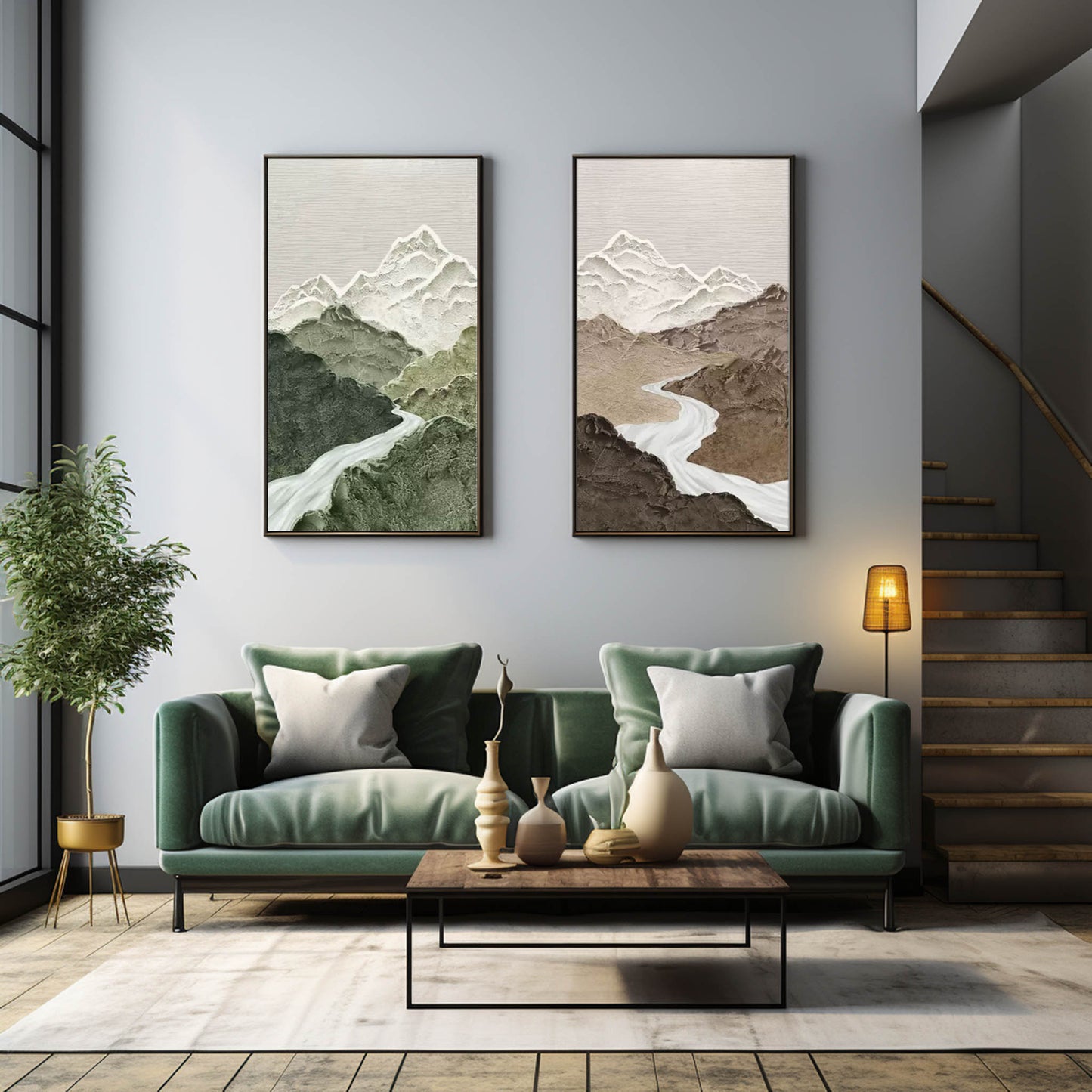 Serene Mountain River Oil Painting Diptych for Elegant Home Decor