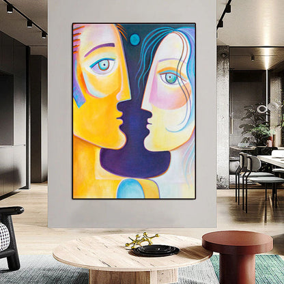 Embracing Humanity: Colorful Oil Painting of Two Faces Intertwined