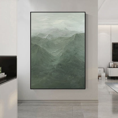 Serene Green Mountain Landscape Oil Painting for Modern Home Decor