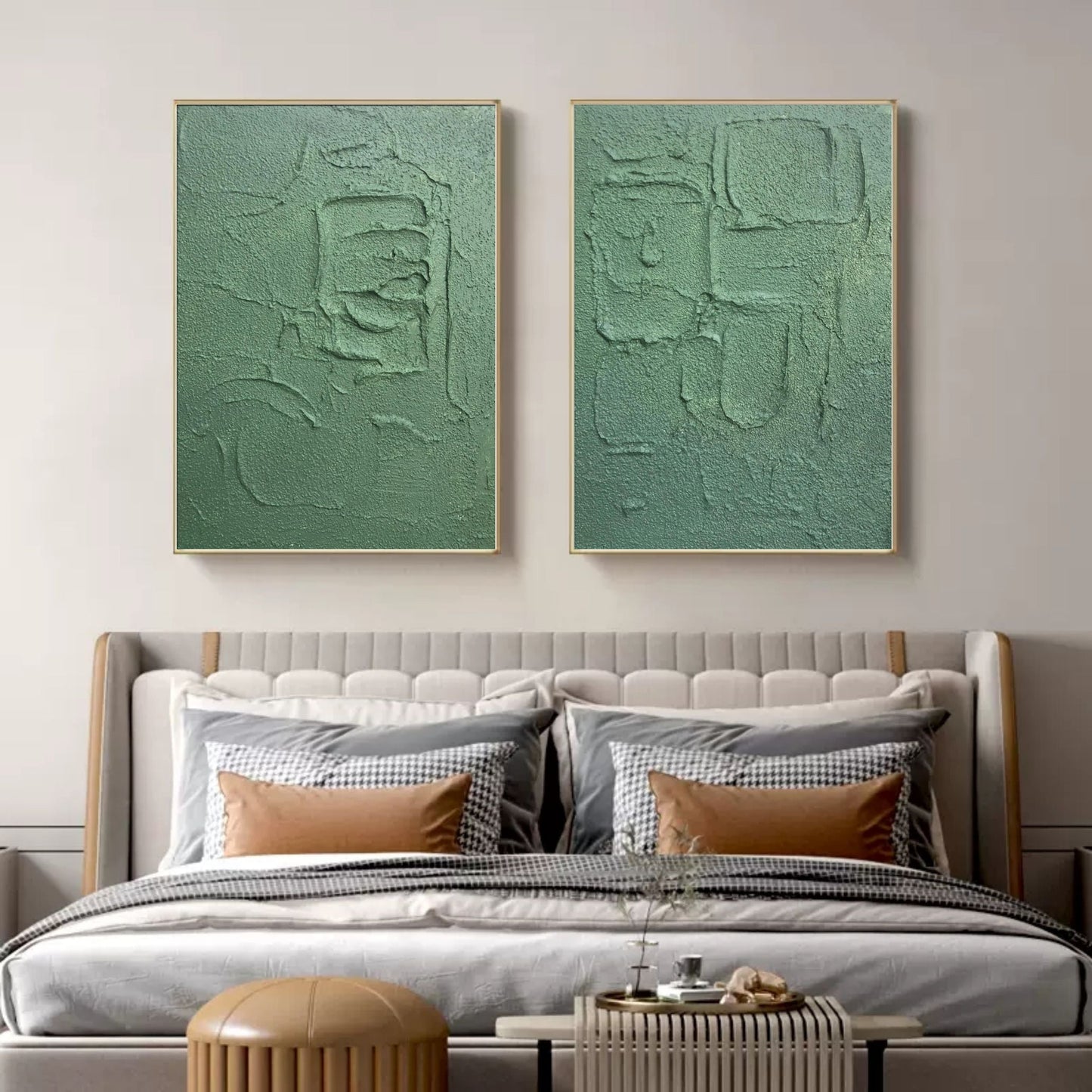 Textured Green Abstract Oil Painting Duo for Modern Home Decor