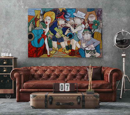 Colorful Pop Art Oil Painting of Musicians and Monkeys in Vibrant Abstract Style