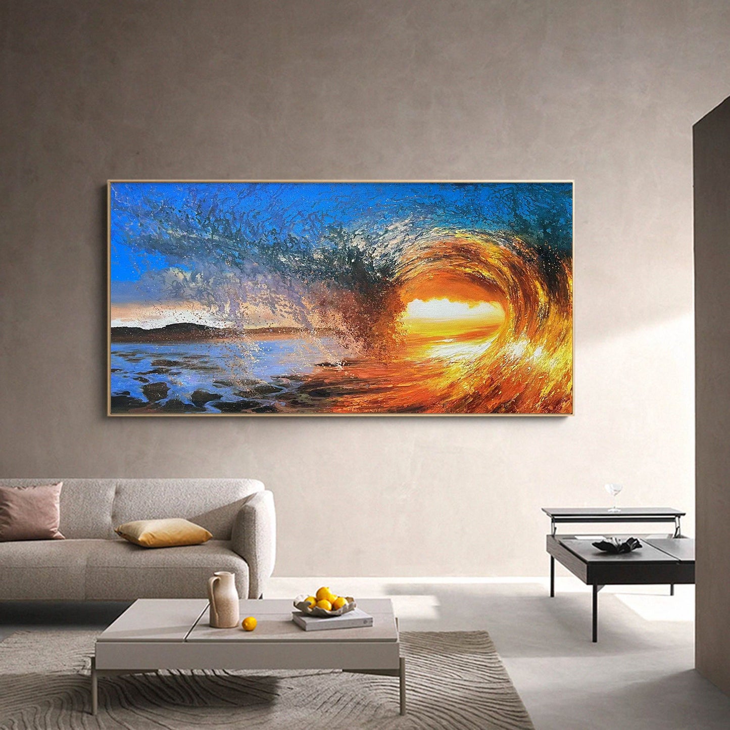 Vibrant Sunset Wave Over Ocean - Stunning Oil Painting for Beach Lovers