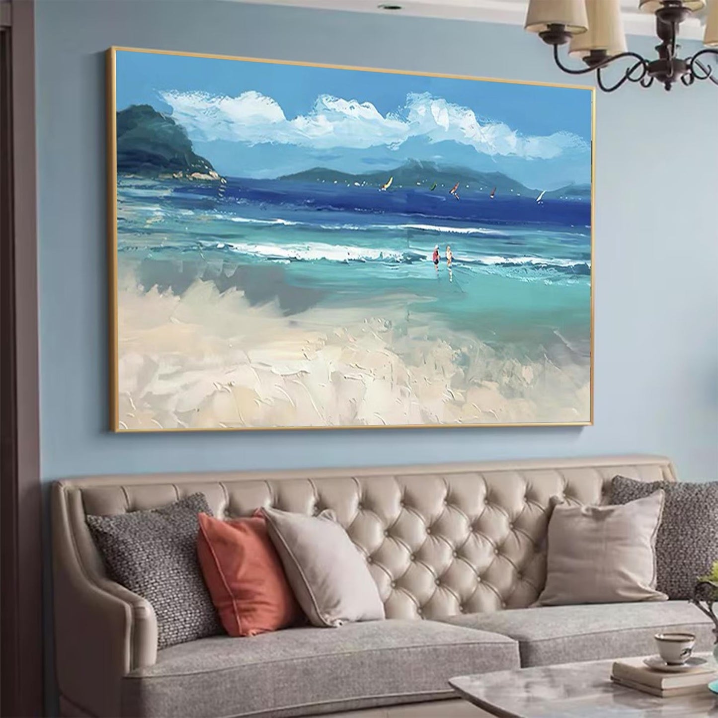 Vibrant Beach Scene Oil Painting with Ocean Waves and Sailboats